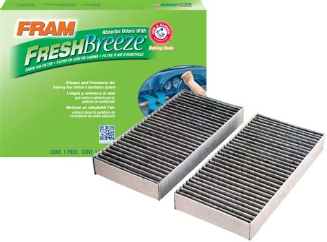 Cabin air filter fram fresh breeze - FRAM® Fresh Breeze cabin air filters can keep up to 98% of road dust and pollen particles from entering a vehicle. The only cabin air filter that uses the natural deodorizing properties of ARM & HAMMER™ baking soda. Contaminants that enter the vehicle with outside air through the vehicle’s air conditioning, heating and ventilation system ...